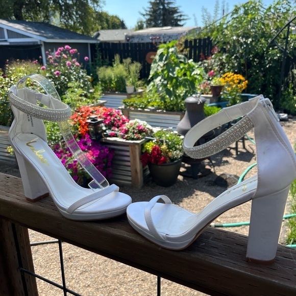 Lulu’s Delary White Satin Rhinestone Ankle Strap High Heel Sandals 7 - Picture 4 of 11